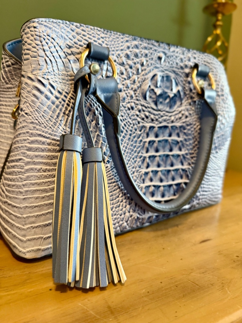 Blue Faux Alligator Embossed Tote Shoulder Bag Structured Croc Textured